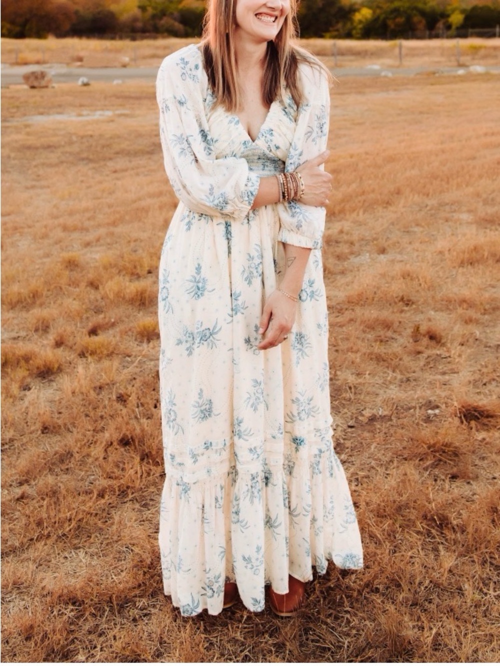 Free People Golden Hour Maxi Dress XS Blue Cream Floral Boho Cottagecore Prairie